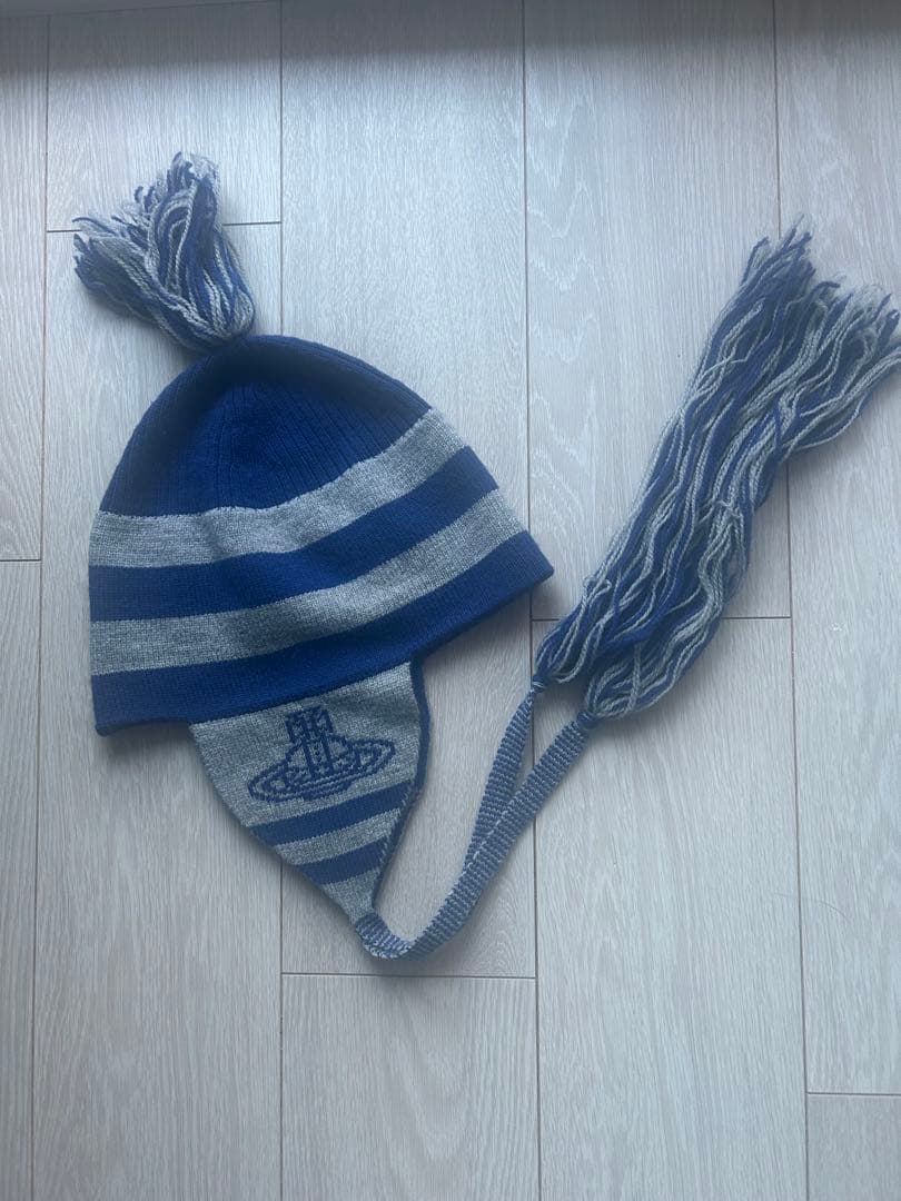 Vivienne Westwood 耳当て付きニット帽　 ブルー×グレー
