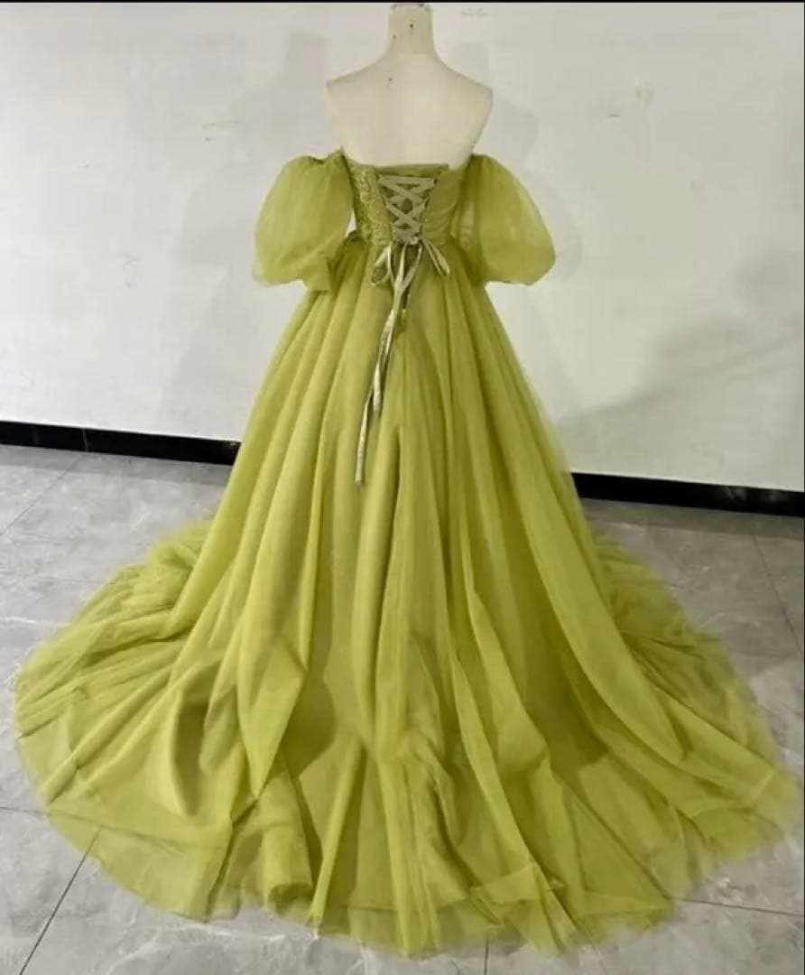 ソフトチュール カラードレス Aライン ピスタチオグリーン 刺繍