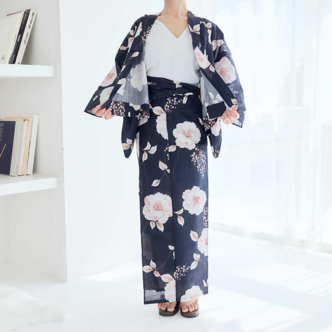 二部式浴衣 セパレート浴衣 3点set 珊瑚色の花あそび 濃紺地 Y5-23-2