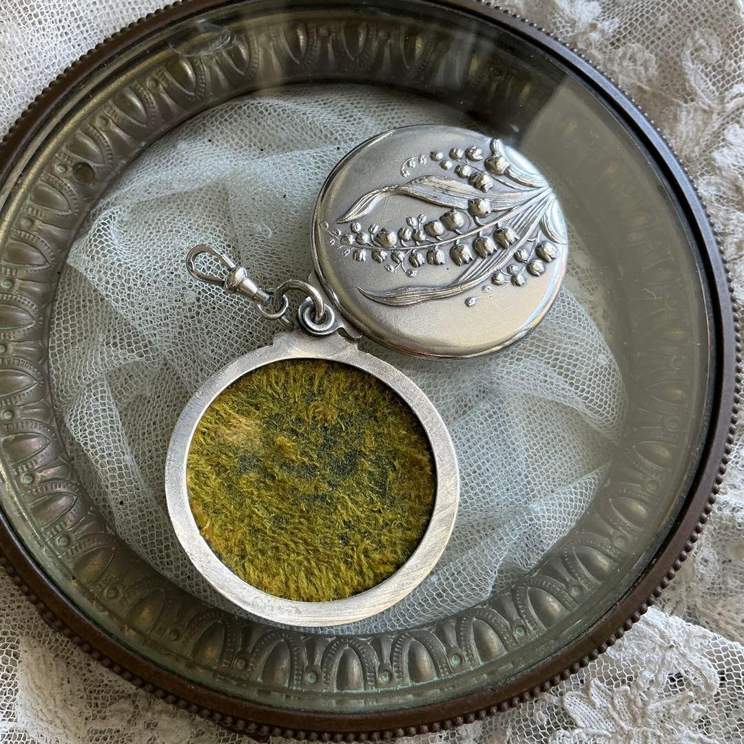 フランスアンティーク　すずらん　ミラー付きペンダントトップ　シャトレーン　鈴蘭