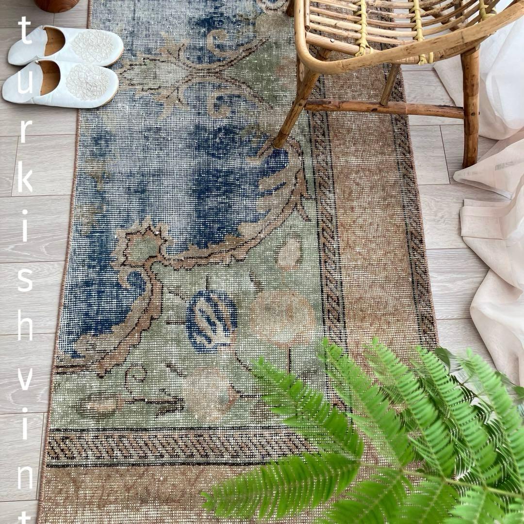 デニムブルー✳︎72×188 ベージュ　ロング　ランナー　トルコヴィンテージラグ