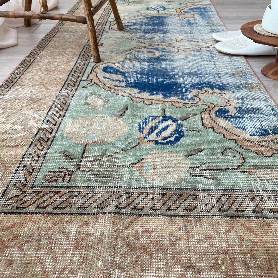 デニムブルー✳︎72×188 ベージュ　ロング　ランナー　トルコヴィンテージラグ