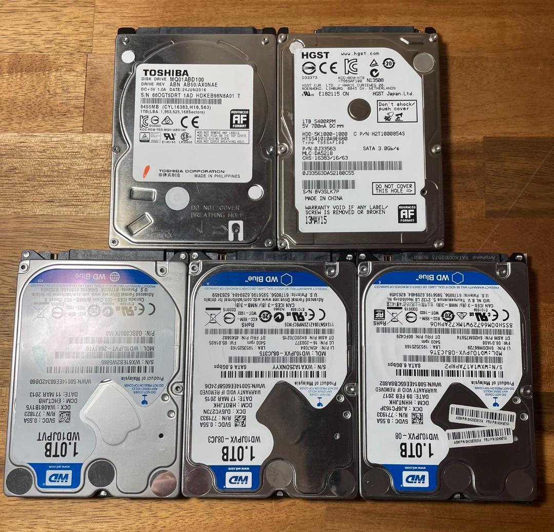 5枚セット WDC 東芝 HGST 2.5インチ HDD 1TB 厚さ9mm