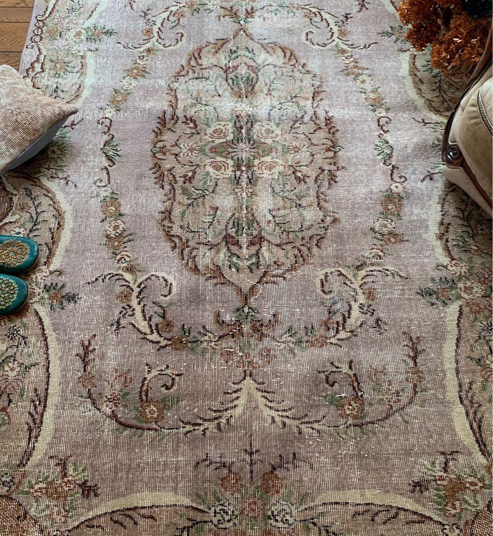 超大判　薔薇　モーヴグレー　241×144 シャビー　トルコ　ヴィンテージラグ