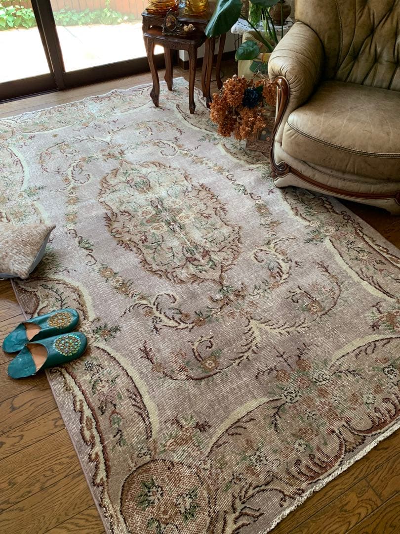 超大判　薔薇　モーヴグレー　241×144 シャビー　トルコ　ヴィンテージラグ