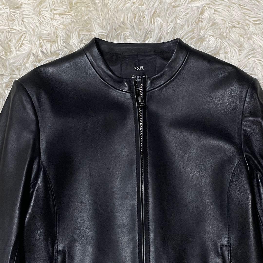 【KKK.】23区 ノーカラー レザージャケット 羊革 32 XXS