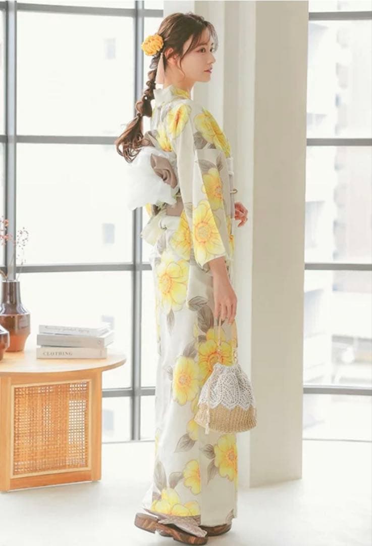 ベージュ地×水彩ポピー ゆかた　浴衣 帯 帯紐 髪飾り バッグ　5点セット