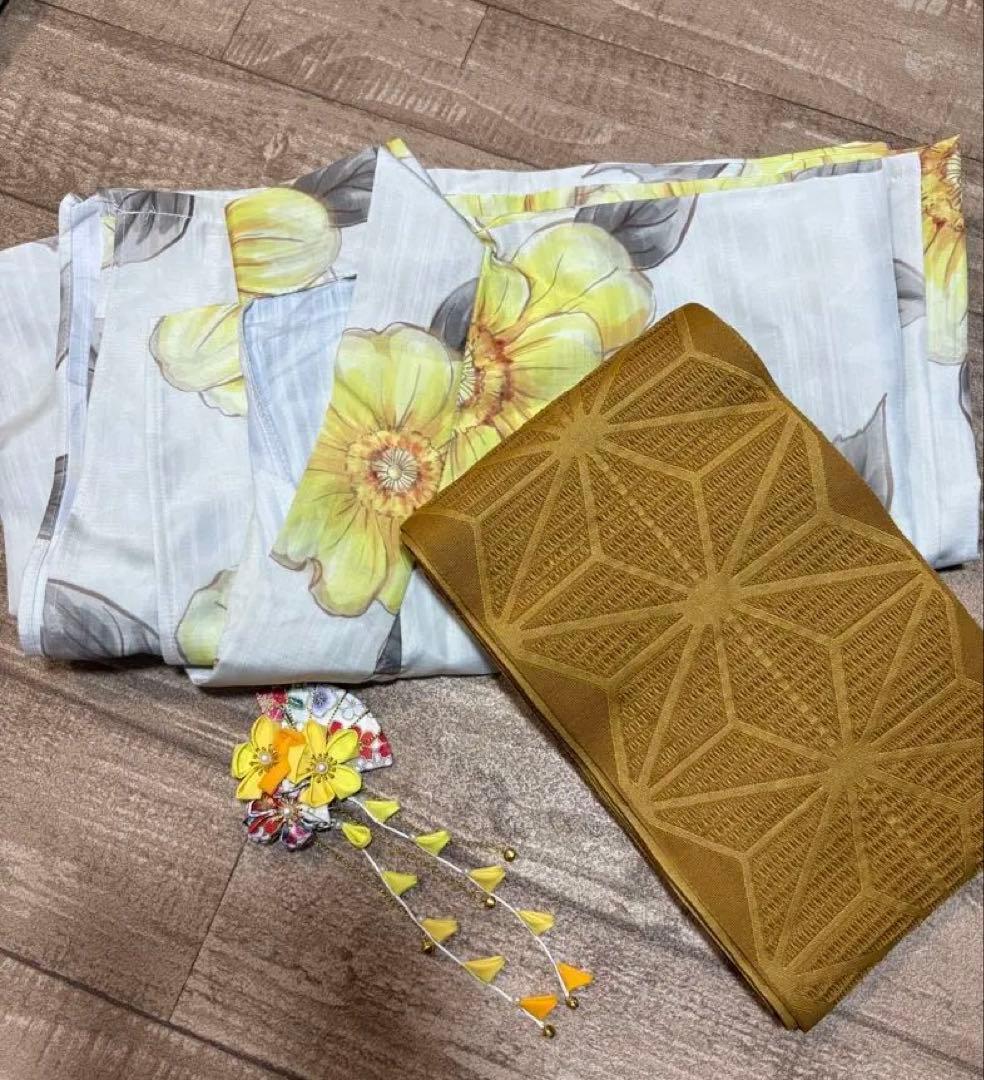 ベージュ地×水彩ポピー ゆかた　浴衣 帯 帯紐 髪飾り バッグ　5点セット