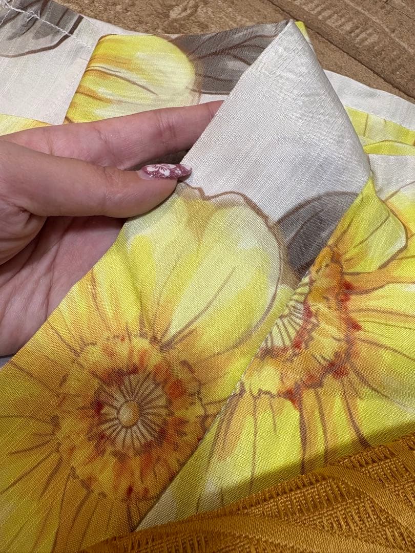 ベージュ地×水彩ポピー ゆかた　浴衣 帯 帯紐 髪飾り バッグ　5点セット