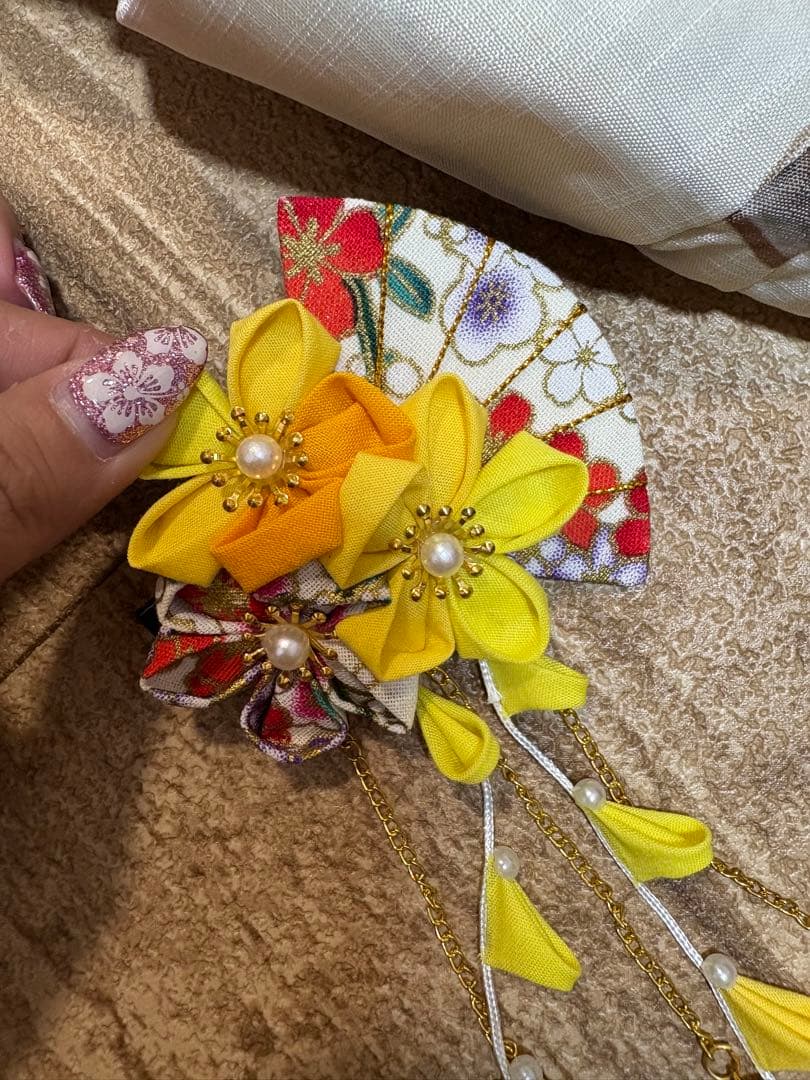 ベージュ地×水彩ポピー ゆかた　浴衣 帯 帯紐 髪飾り バッグ　5点セット