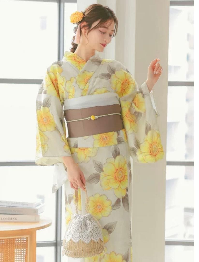 ベージュ地×水彩ポピー ゆかた　浴衣 帯 帯紐 髪飾り バッグ　5点セット