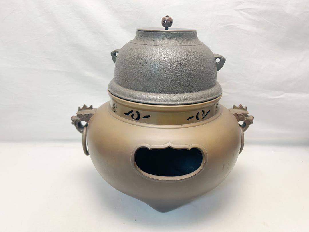 美品 茶道具 唐銅鬼面風炉 真形釜添 野々田製電熱器 敷板3点セット 紙箱