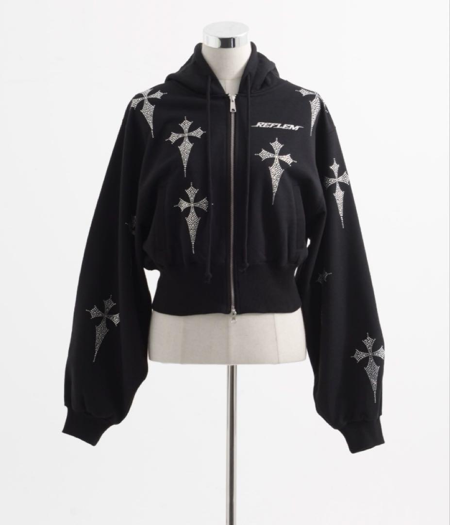 『REFLEM/レフレム』クロス総柄ラインストーンクロップドZIPパーカー