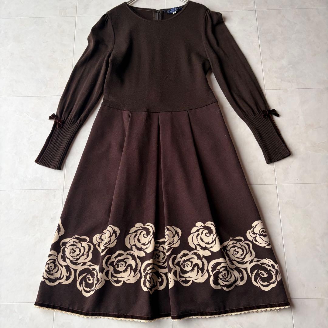 エムズグレイシー✨ローズプリント ニット ドッキング ワンピース 40 L