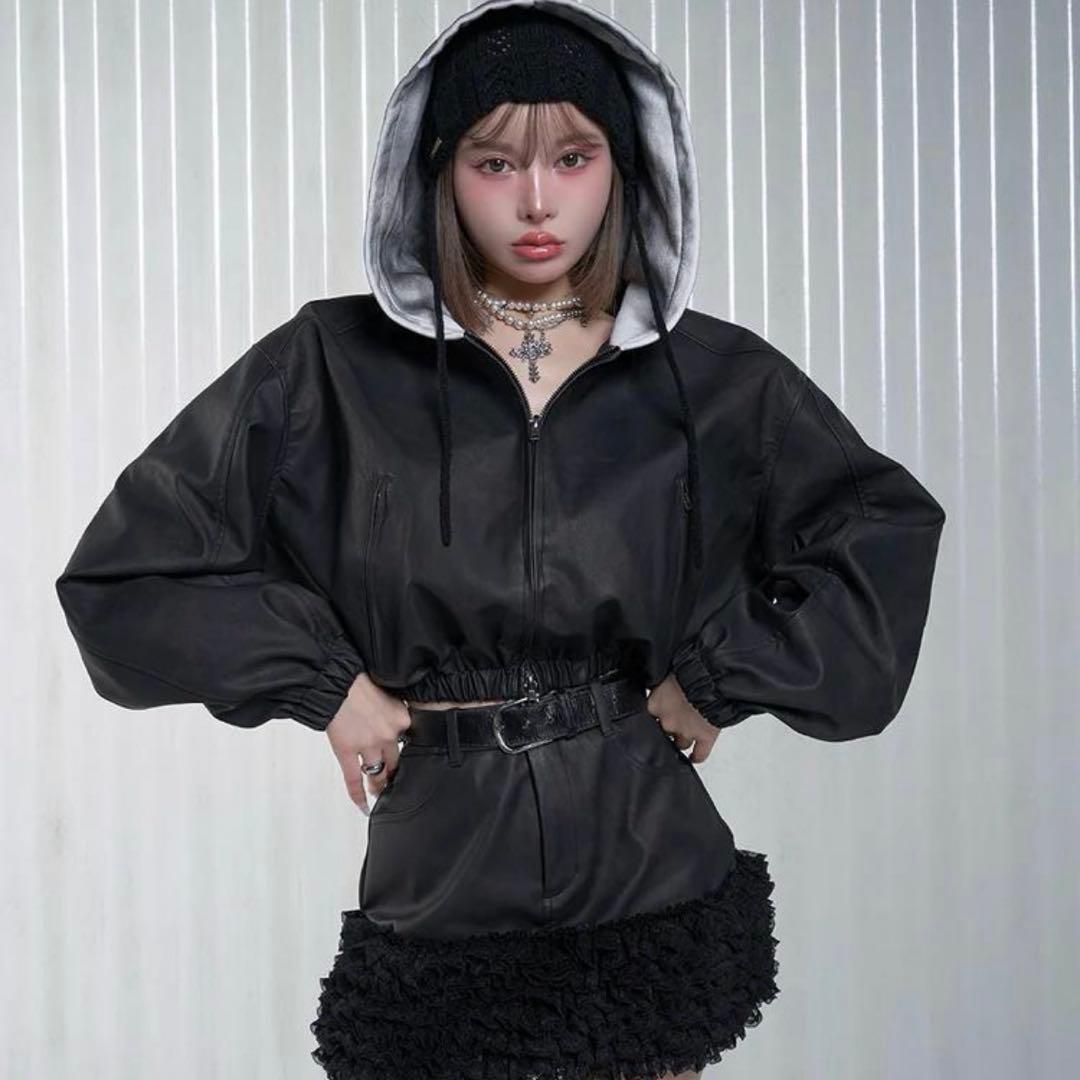 Darich スウェットフーディーレザージャケット BLK