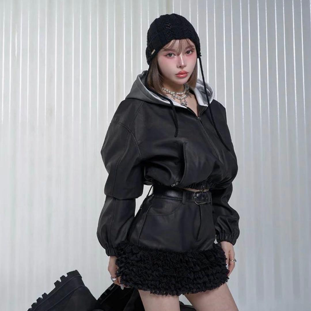 Darich スウェットフーディーレザージャケット BLK