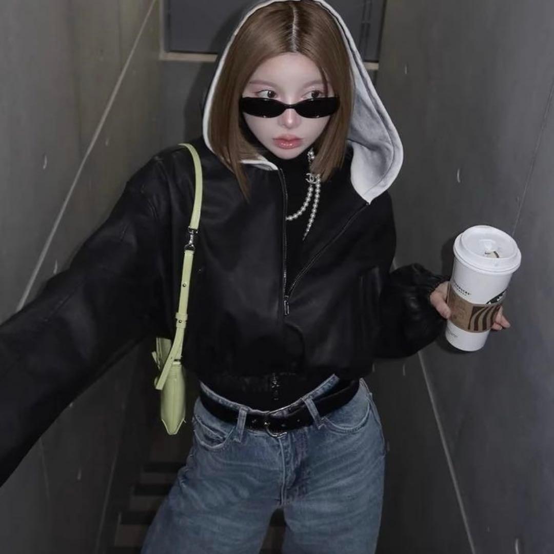 Darich スウェットフーディーレザージャケット BLK