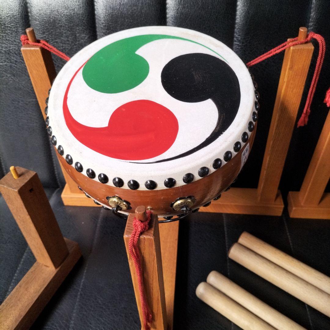 民謡　長唄　平胴太鼓　平太鼓（木製太鼓台　バチ付き）セット中古品