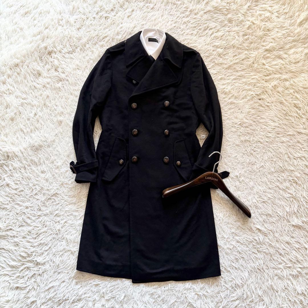 <美品>LARDINI キャメル100% ブラック ダブルチェスターコート 46