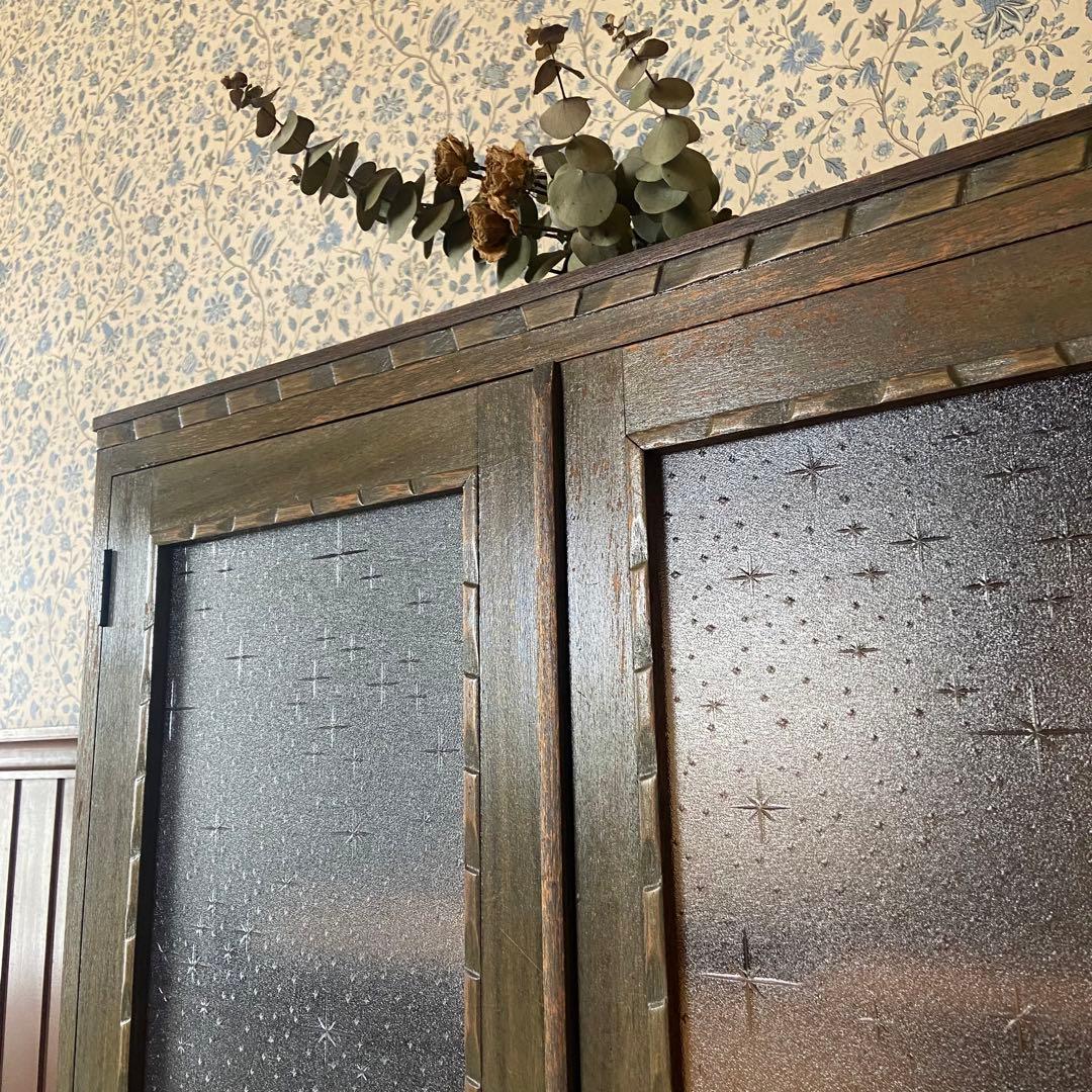 アンティーク家具　本棚　模様ガラス銀河　当時物　鍵付き