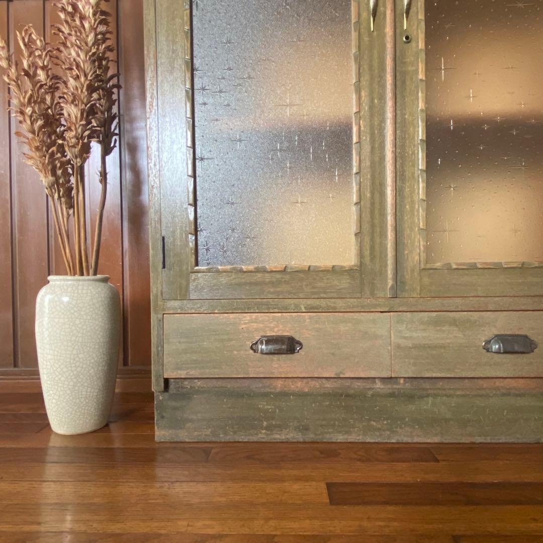 アンティーク家具　本棚　模様ガラス銀河　当時物　鍵付き