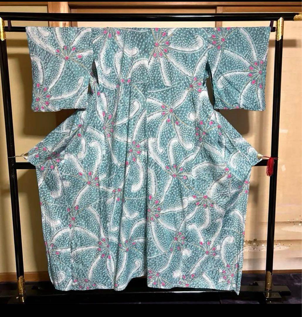 有松鳴海絞りフルセット7点　高級浴衣+帯2本+帯締め+帯揚げ+帯留め2つ