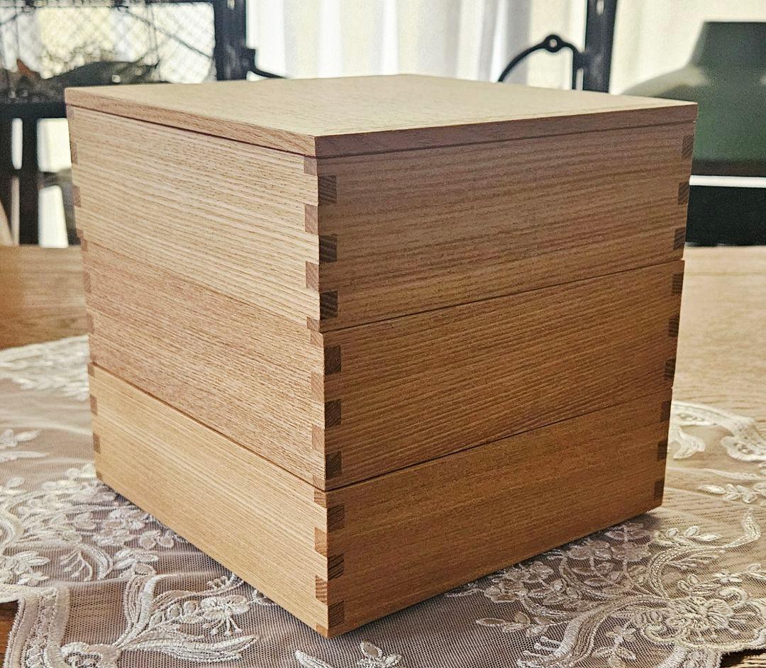 松屋漆器店 木製 タモ 三段重 6寸 内朱 新品