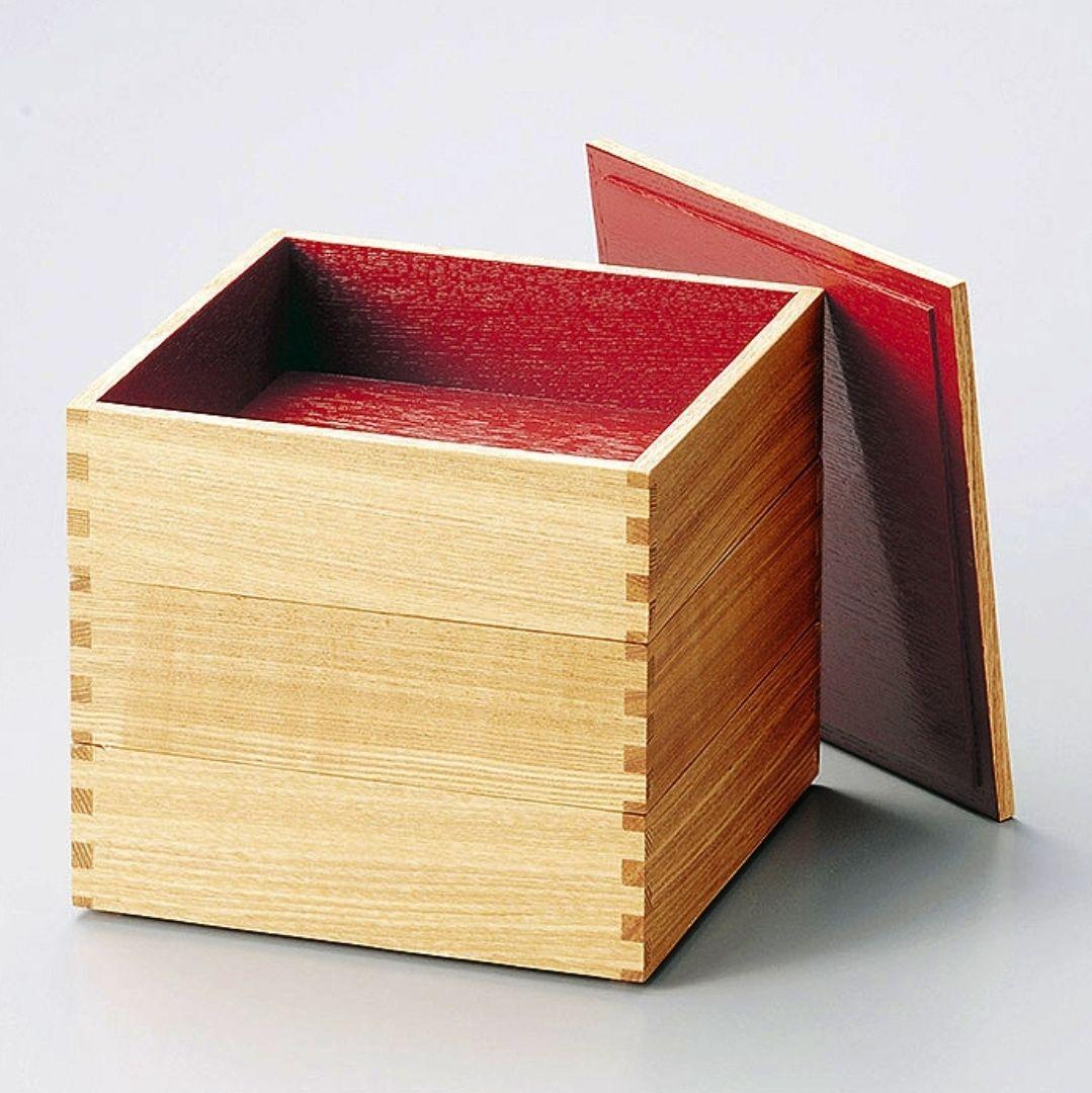 松屋漆器店 木製 タモ 三段重 6寸 内朱 新品