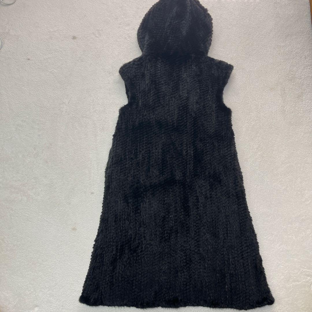 毛皮 リアルファー ブラック フード付 ジレ ベスト ロングコート Lサイズ
