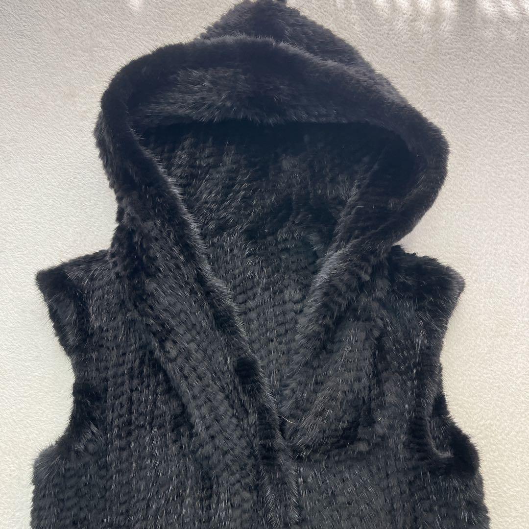 毛皮 リアルファー ブラック フード付 ジレ ベスト ロングコート Lサイズ