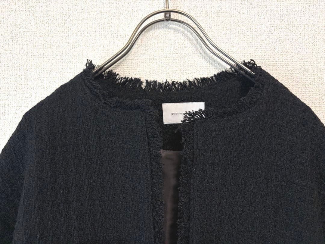 グリーンレーベルリラクシング ツイード　ノーカラージャケット 黒　金ボタン