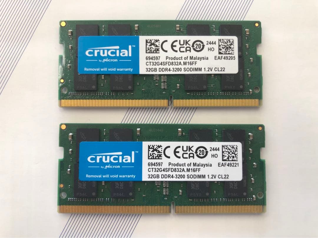 Crucial 64GB(32GBx2)DDR4-3200 SODIMM メモリ