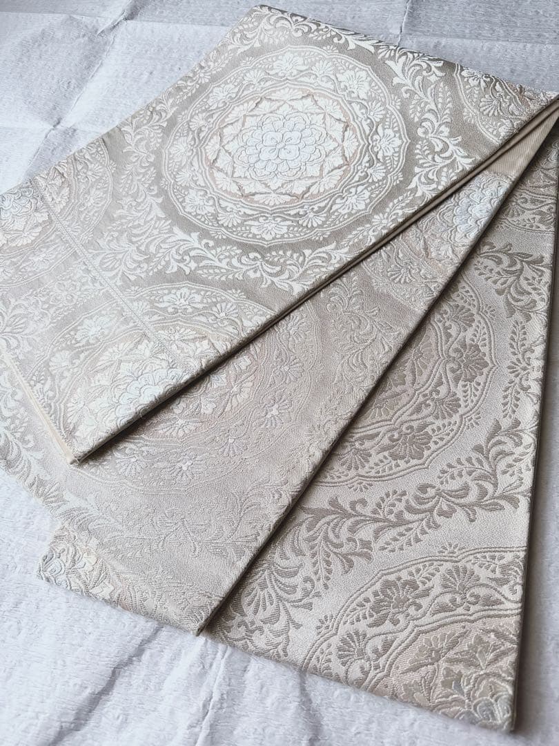 【訳あり特別価格】　正絹　袋帯　六通柄　正倉院華文　アラベスク　銀糸