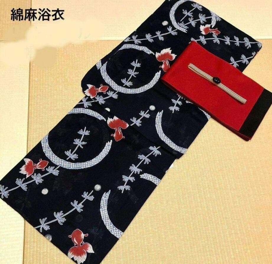 画像と同じ半幅帯+お任せ帯締めつき◆最高級【綿麻浴衣】金魚の品ある涼しゆかた◆