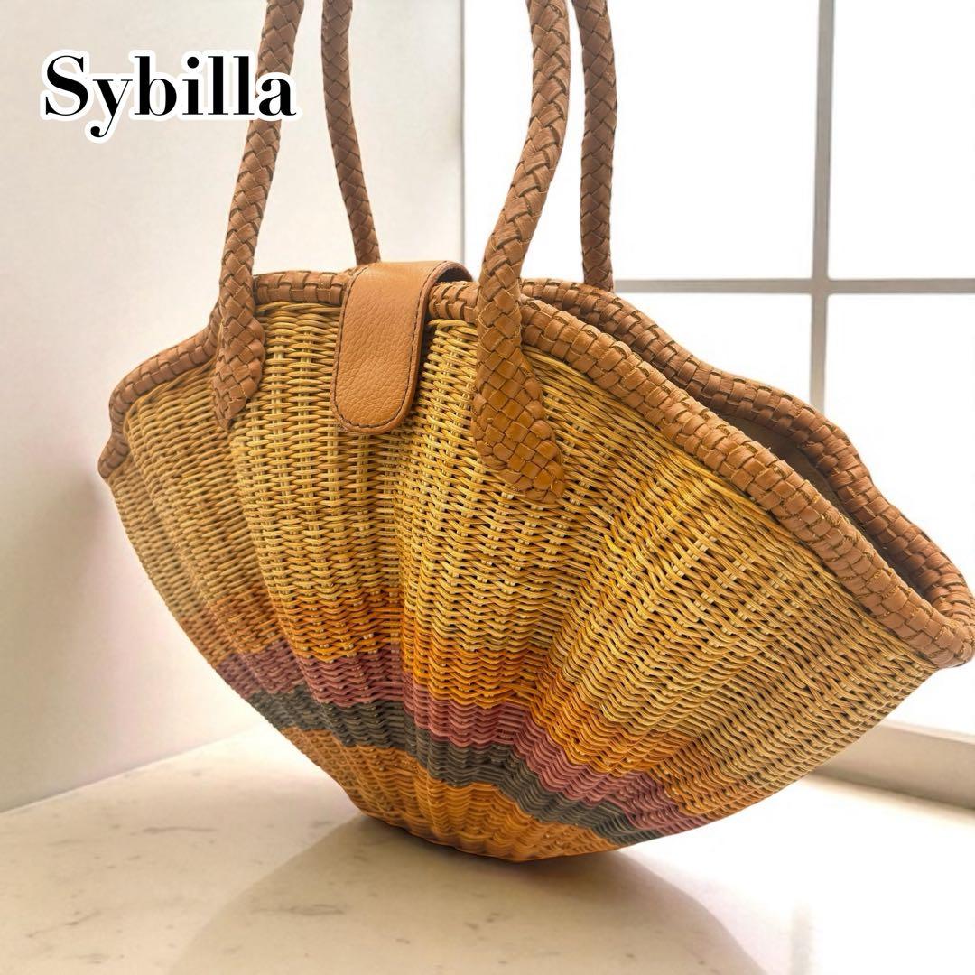 美品　シビラ　シェルバッグ　かごバッグ　レザー　本革　ブラウン　編み込み