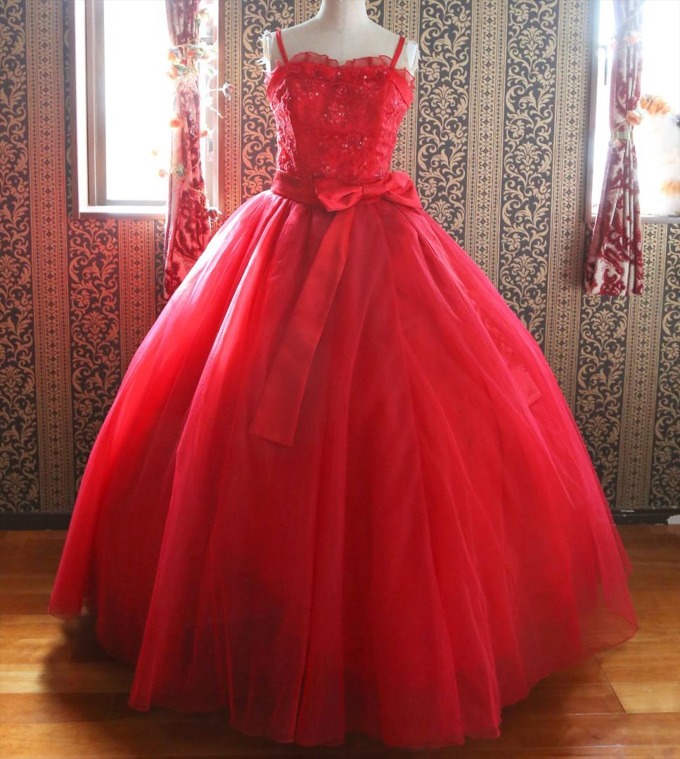 589エメAIMER赤ウェディングドレス7号Sサイズ赤カラードレス