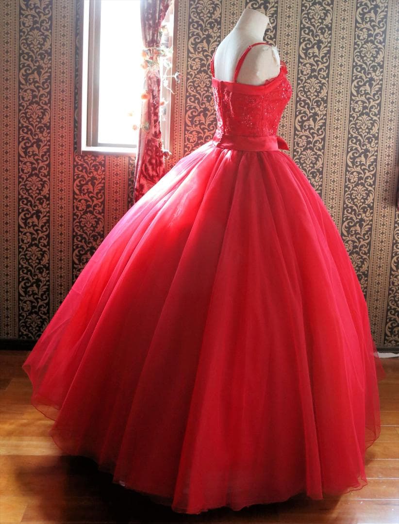 589エメAIMER赤ウェディングドレス7号Sサイズ赤カラードレス