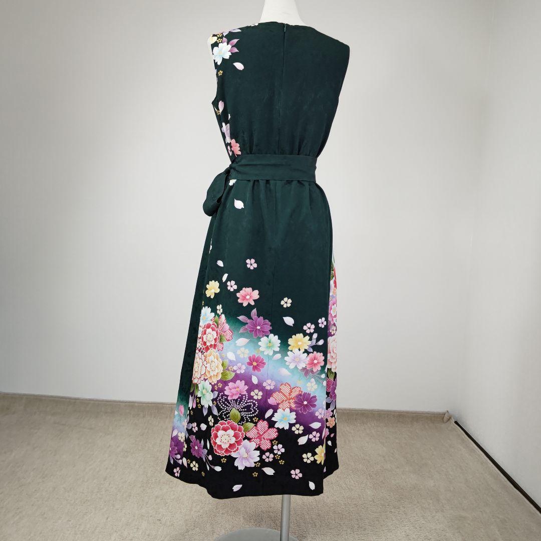 zunezune 振袖ドレス ノースリーブ 着物リメイクワンピース 深緑