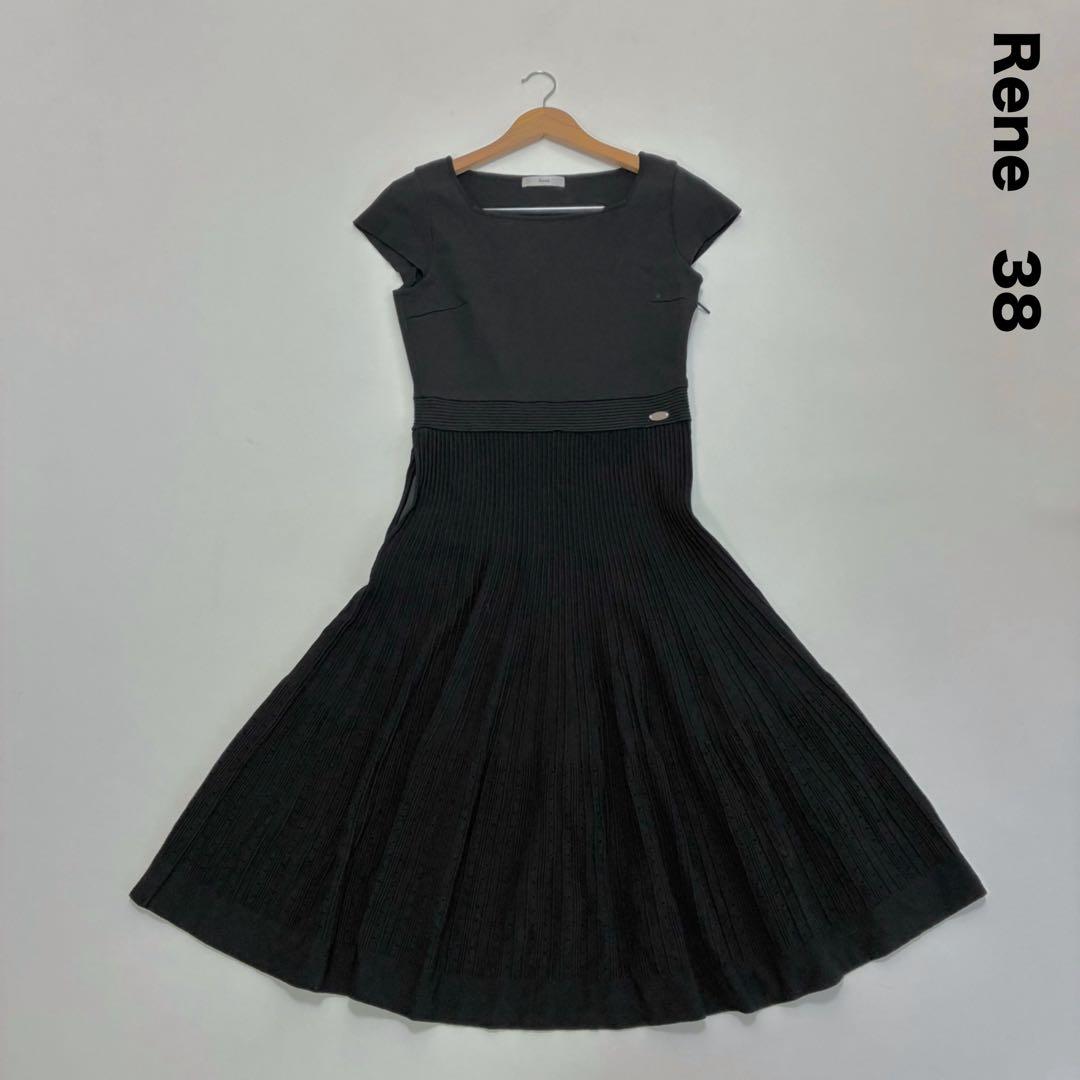 Rene ルネ☆パフスリーブ透かし編み切替ニットロングワンピース 38