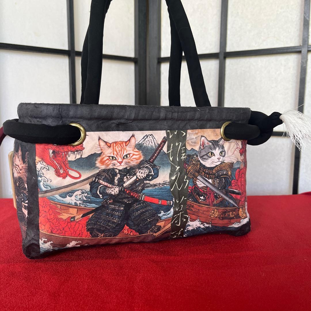 侍猫 一閑張り バッグ かごバッグ ハンドバッグ 和柄 猫 龍 小さめ