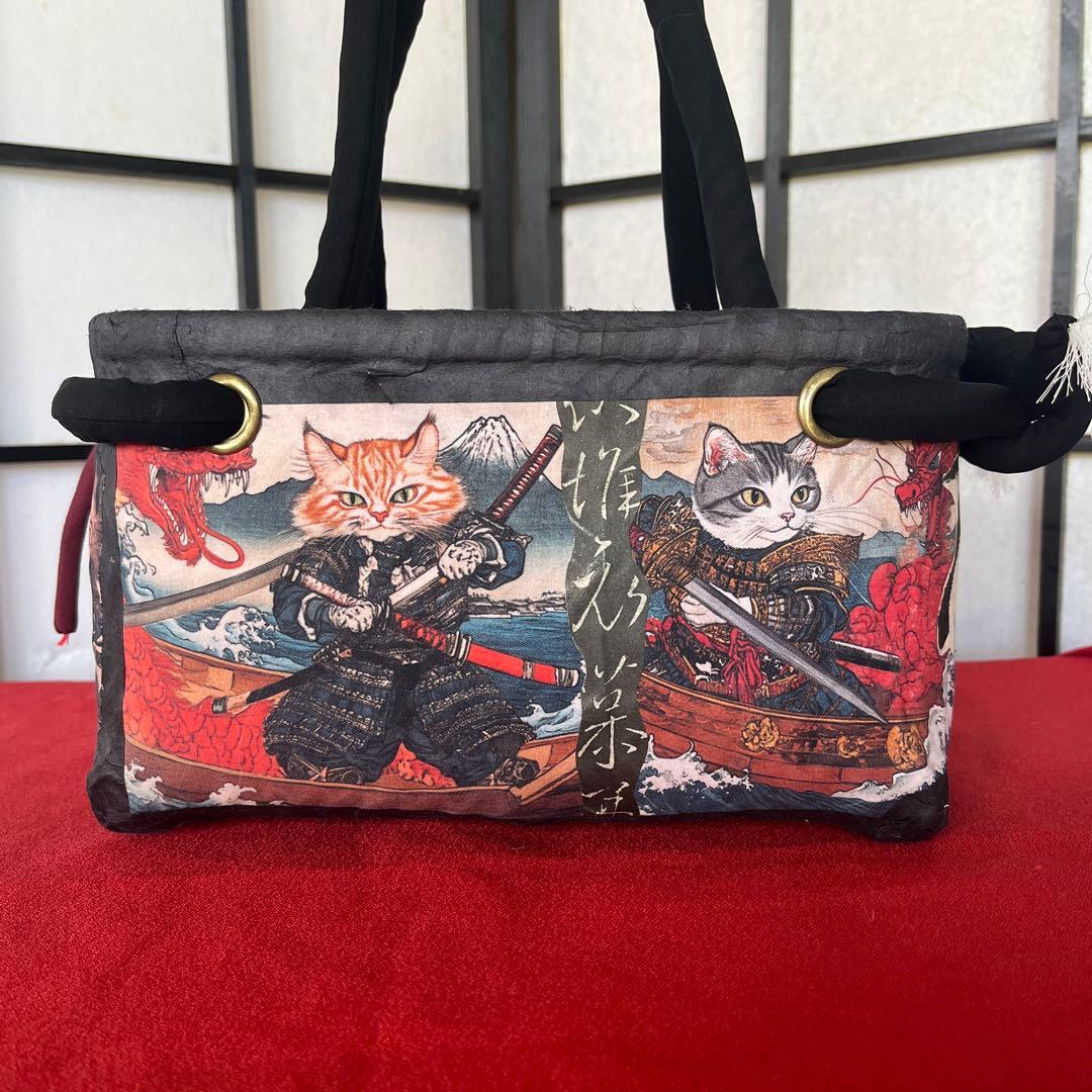 侍猫 一閑張り バッグ かごバッグ ハンドバッグ 和柄 猫 龍 小さめ