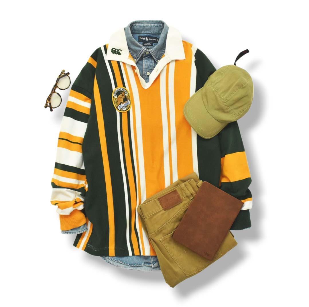 【レア色】ニュージーランド製 カンタベリー 長袖 ラガーシャツ L ストライプ