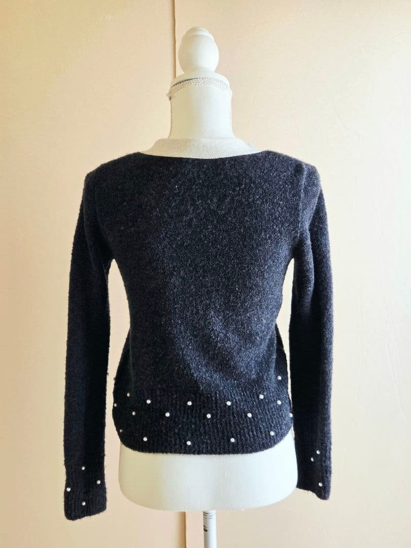 ルネ　リボン　パール　カーディガン　34 グレー