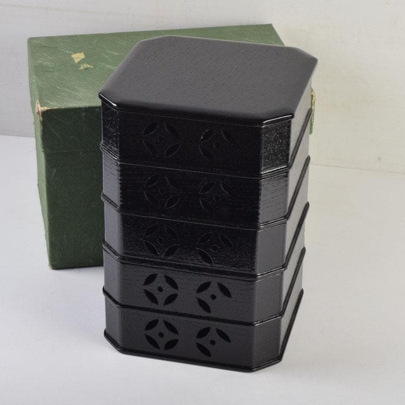 minto　茶道具　漆塗　七宝透かし　縁高重　五段重　箱付　N　9148