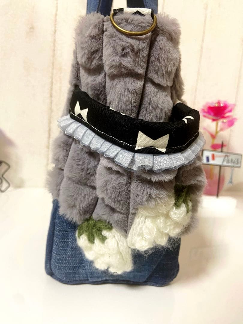 デニムリメイクバック　グレーふわもこ×うさぎ