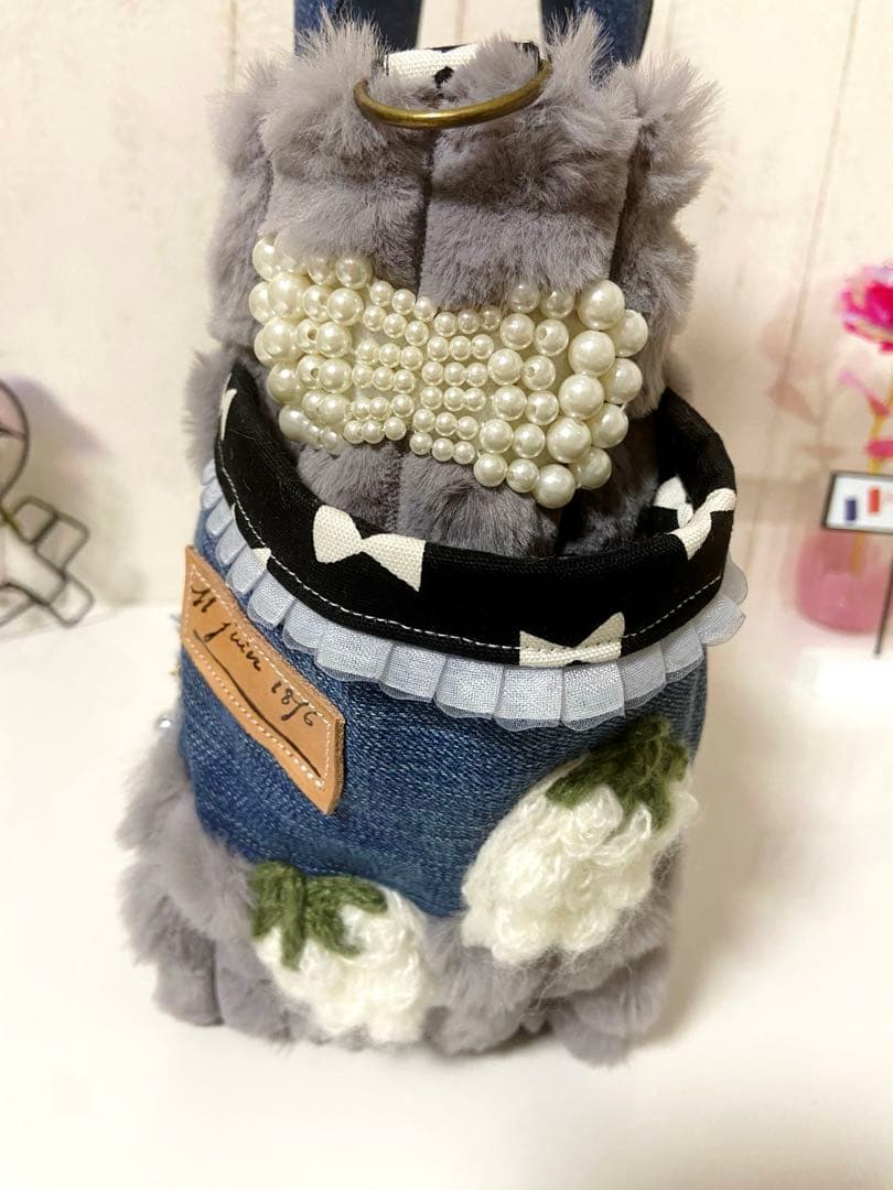 デニムリメイクバック　グレーふわもこ×うさぎ