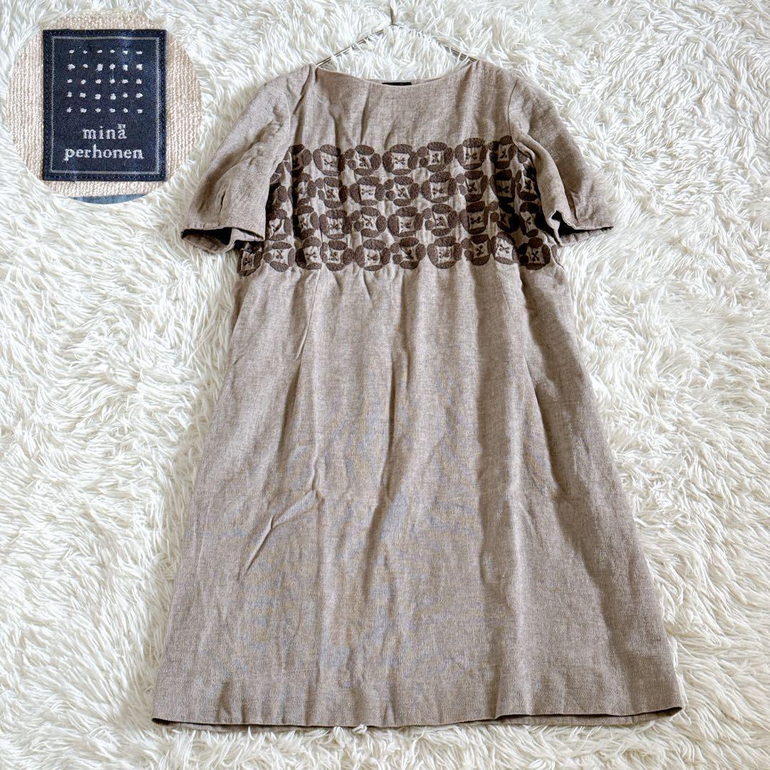 ミナペルホネン dear 刺繍ワンピース 半袖 リネン ベージュ系 36サイズ