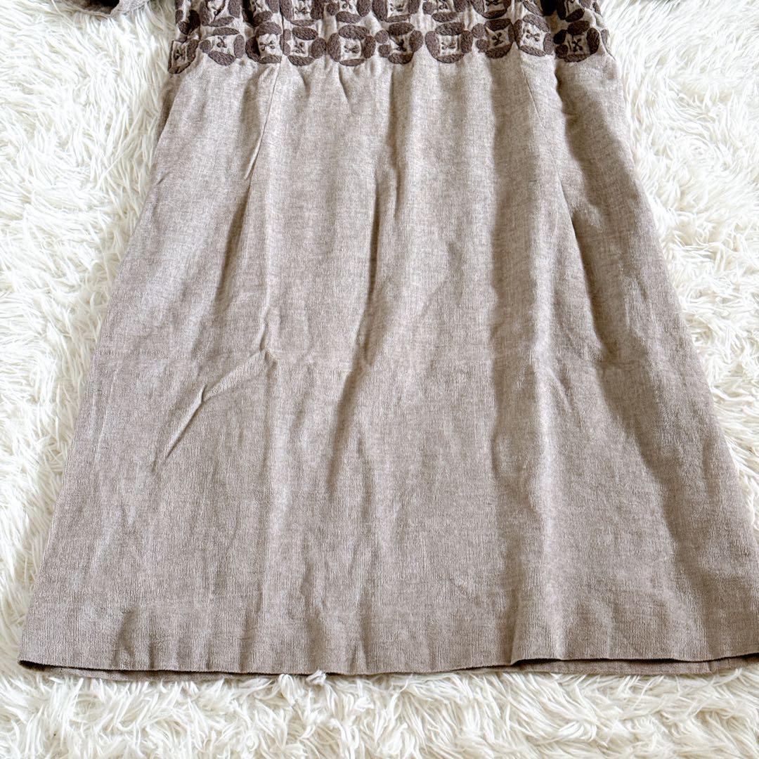 ミナペルホネン dear 刺繍ワンピース 半袖 リネン ベージュ系 36サイズ