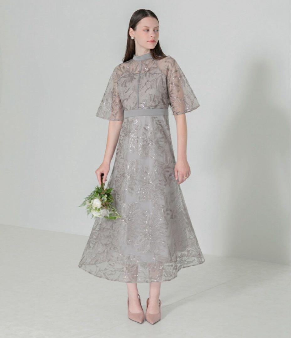 【LEJA】スパンコール花柄刺繍Aラインワンピースドレス　グレー　M