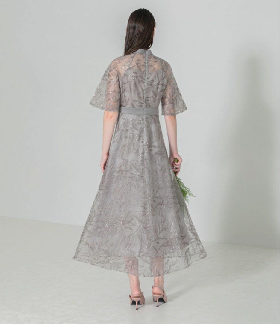 【LEJA】スパンコール花柄刺繍Aラインワンピースドレス　グレー　M